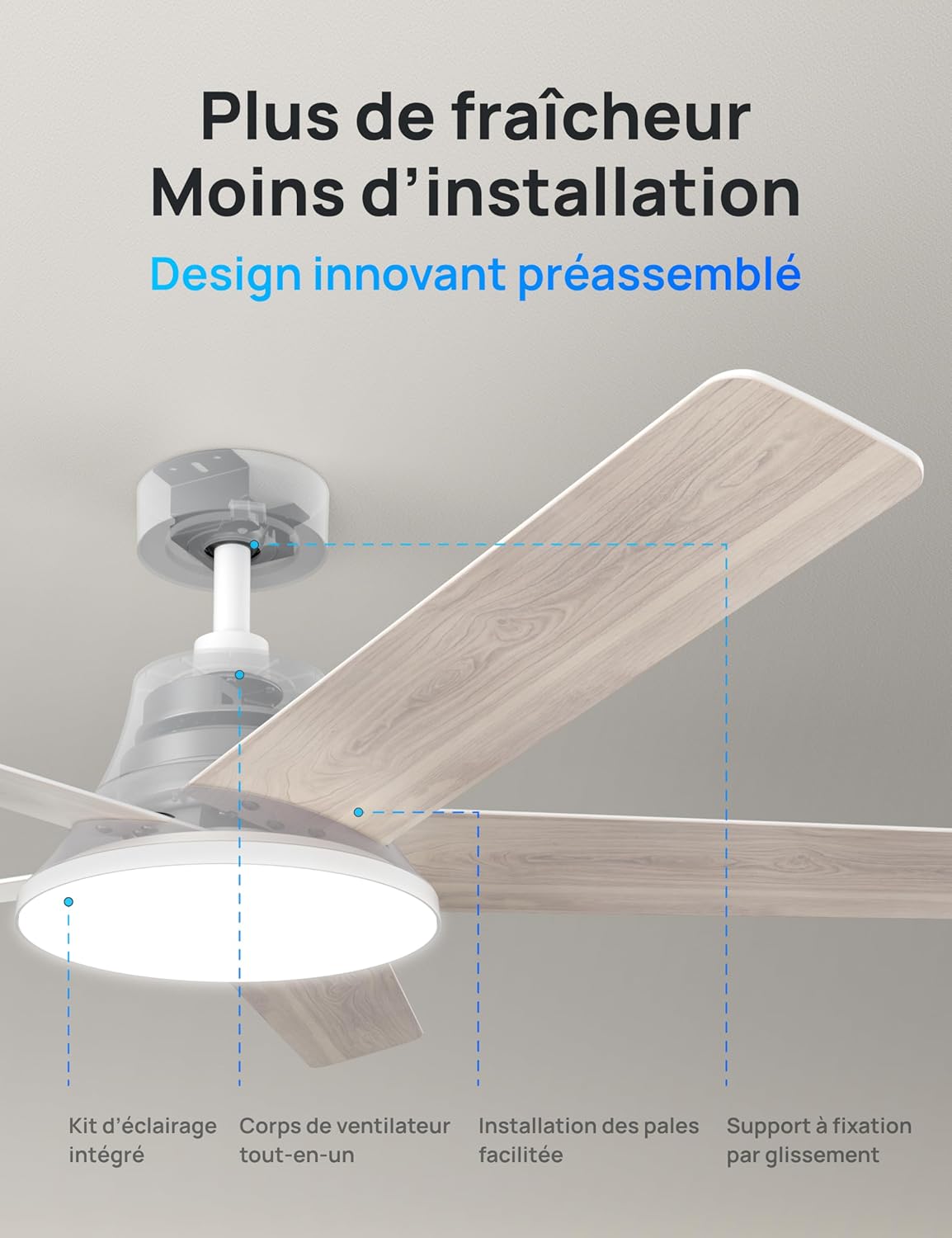 DREO DR-HCF001S White - Ventilateur de plafond intelligent 132cm, lumière LED dimmable et réglable, moteur DC silencieux 12 vitesses, compatible Alexa - Blanc