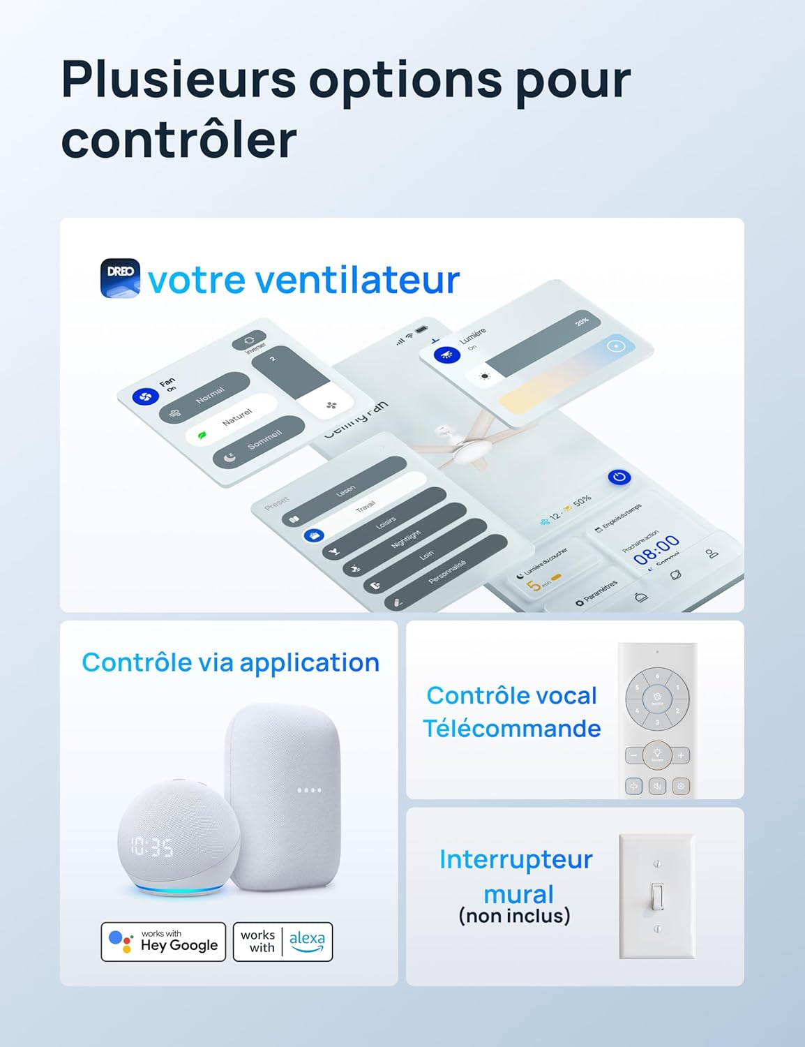 DREO DR-HCF001S White - Ventilateur de plafond intelligent 132cm, lumière LED dimmable et réglable, moteur DC silencieux 12 vitesses, compatible Alexa - Blanc