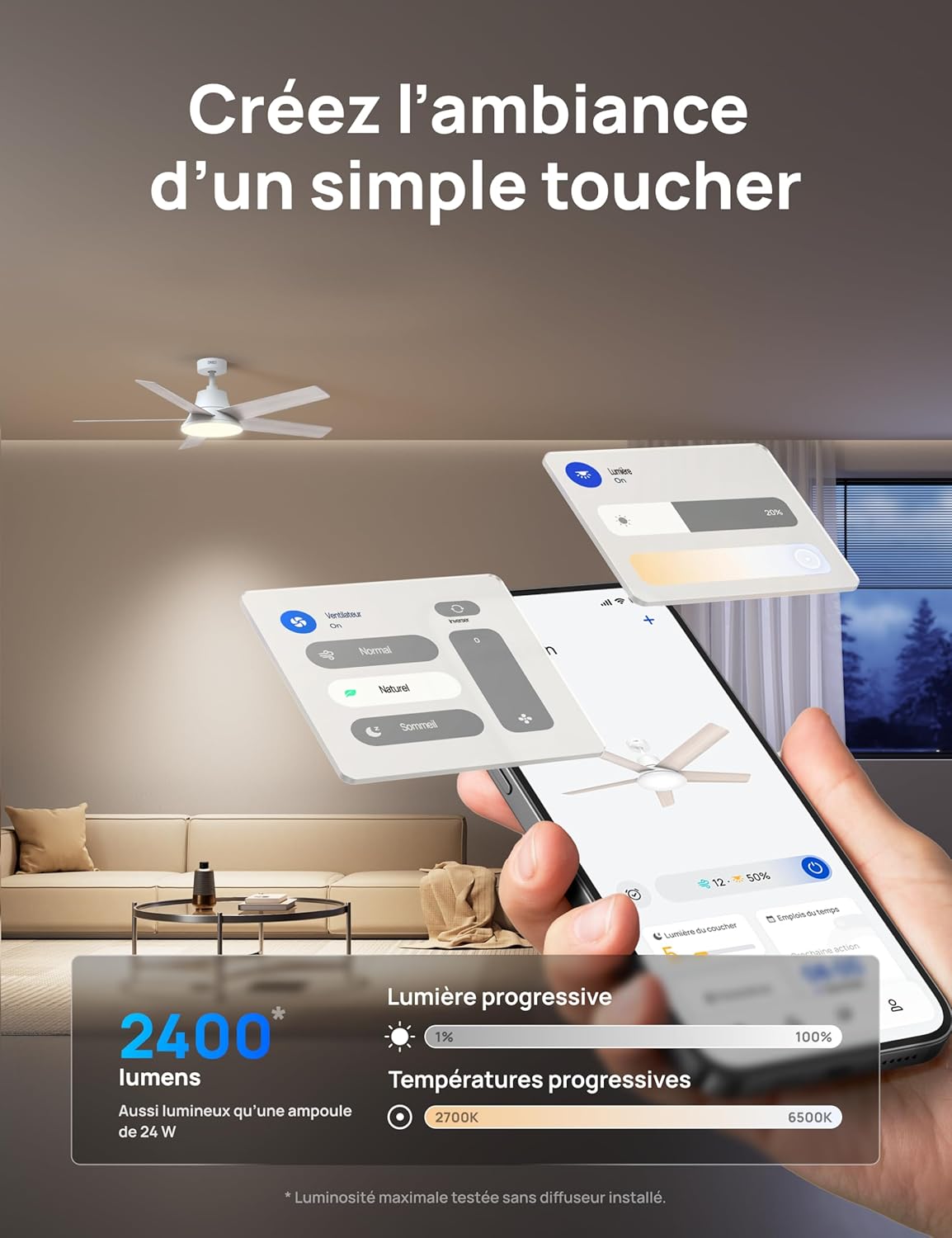 DREO DR-HCF001S White - Ventilateur de plafond intelligent 132cm, lumière LED dimmable et réglable, moteur DC silencieux 12 vitesses, compatible Alexa - Blanc