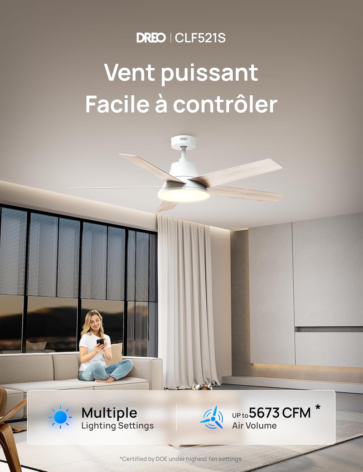 DREO DR-HCF001S White - Ventilateur de plafond intelligent 132cm, lumière LED dimmable et réglable, moteur DC silencieux 12 vitesses, compatible Alexa - Blanc