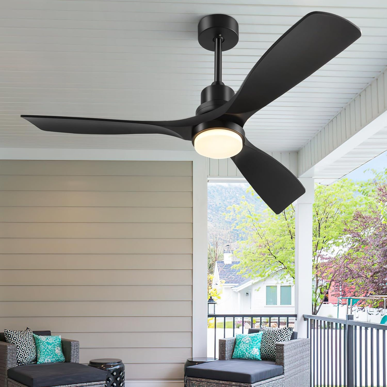 Forrovenco QX-06-DE - Ventilateur de plafond 132 cm noir avec lumière LED CCT et télécommande, 3 pales en bois, moteur DC réversible silencieux - Noir