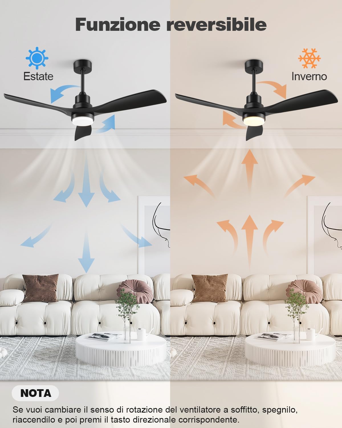 Forrovenco QX-06-DE - Ventilateur de plafond 132 cm noir avec lumière LED CCT et télécommande, 3 pales en bois, moteur DC réversible silencieux - Noir