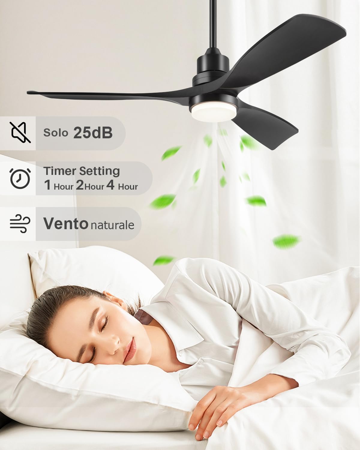 Forrovenco QX-06-DE - Ventilateur de plafond 132 cm noir avec lumière LED CCT et télécommande, 3 pales en bois, moteur DC réversible silencieux - Noir