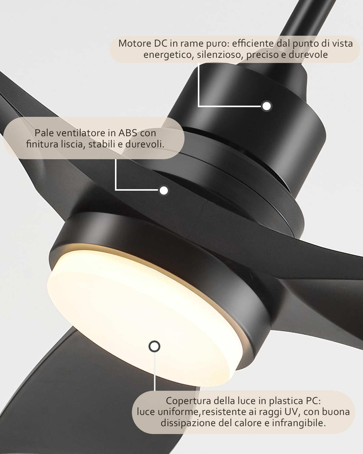 Forrovenco QX-06-DE - Ventilateur de plafond 132 cm noir avec lumière LED CCT et télécommande, 3 pales en bois, moteur DC réversible silencieux - Noir
