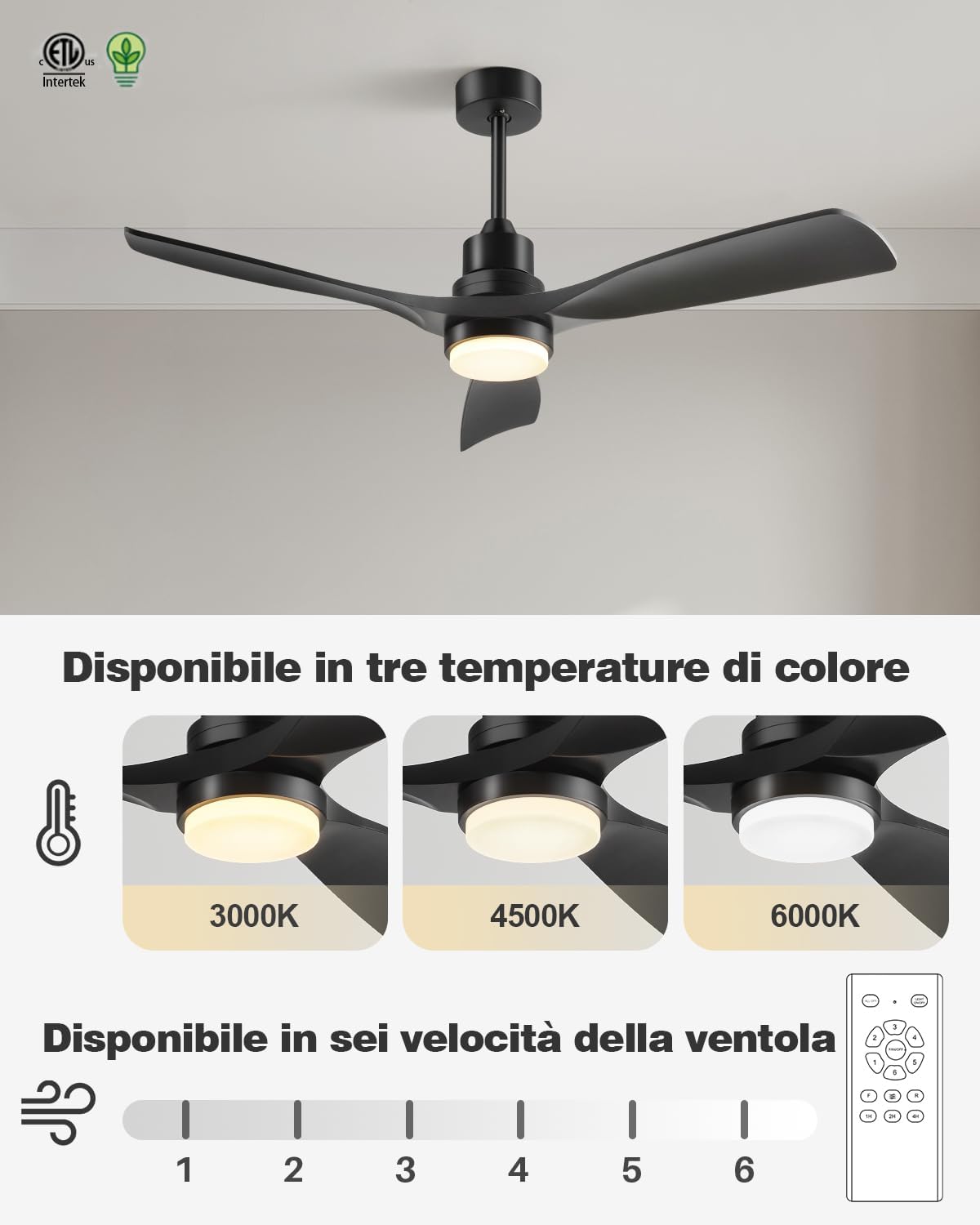 Forrovenco QX-06-DE - Ventilateur de plafond 132 cm noir avec lumière LED CCT et télécommande, 3 pales en bois, moteur DC réversible silencieux - Noir