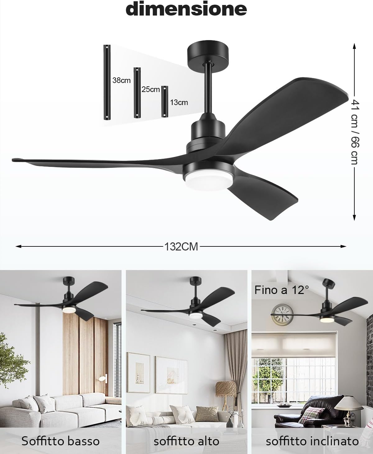 Forrovenco QX-06-DE - Ventilateur de plafond 132 cm noir avec lumière LED CCT et télécommande, 3 pales en bois, moteur DC réversible silencieux - Noir