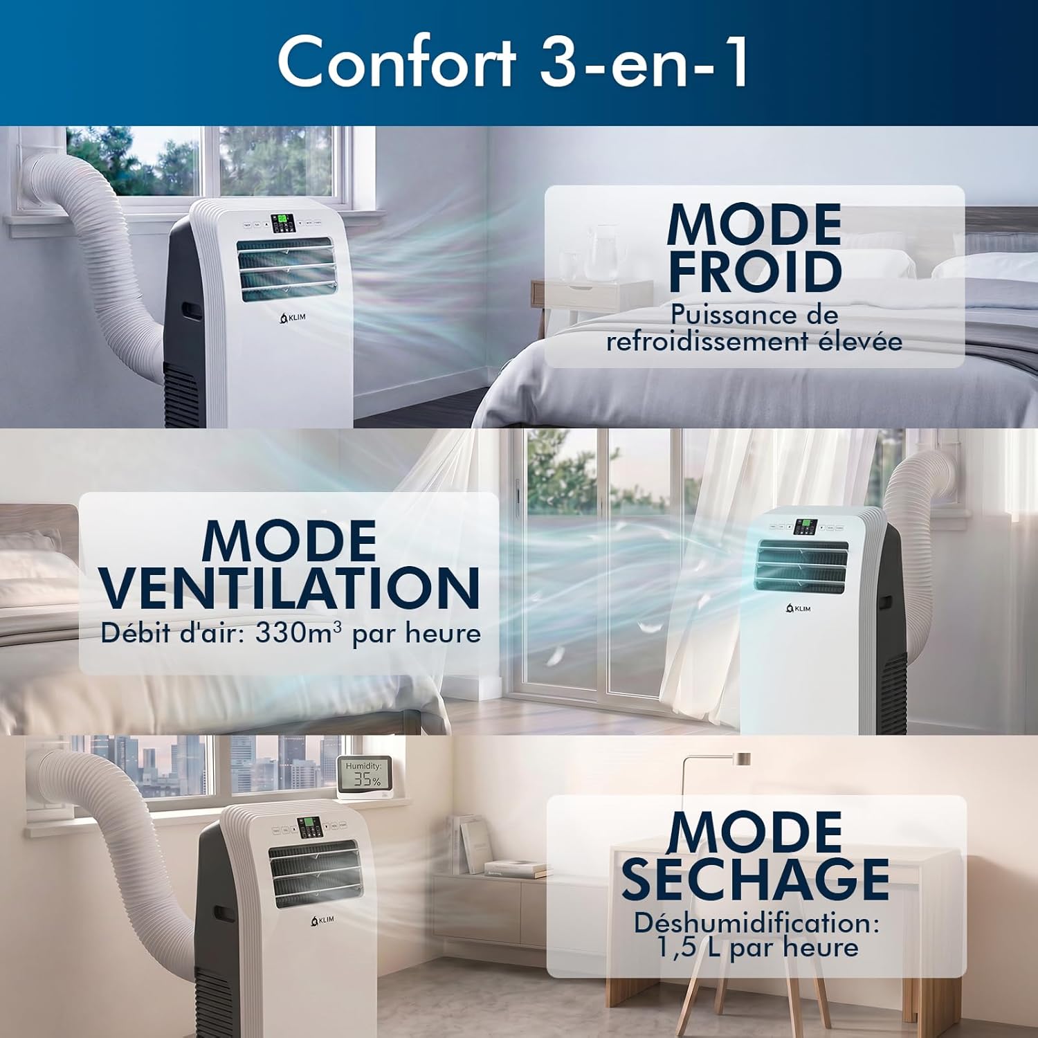 PIAZCEW Rafraîchisseur d'Air 4 en 1 - Climatiseur mobile portable sans évacuation, 6 vitesses, minuterie 12h, oscillation 90° et télécommande - Blanc