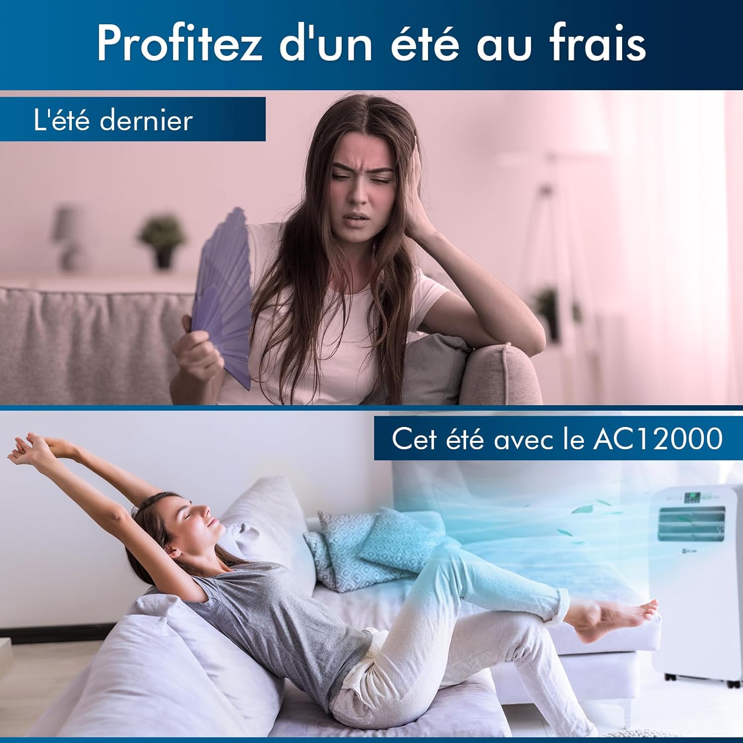 PIAZCEW Rafraîchisseur d'Air 4 en 1 - Climatiseur mobile portable sans évacuation, 6 vitesses, minuterie 12h, oscillation 90° et télécommande - Blanc