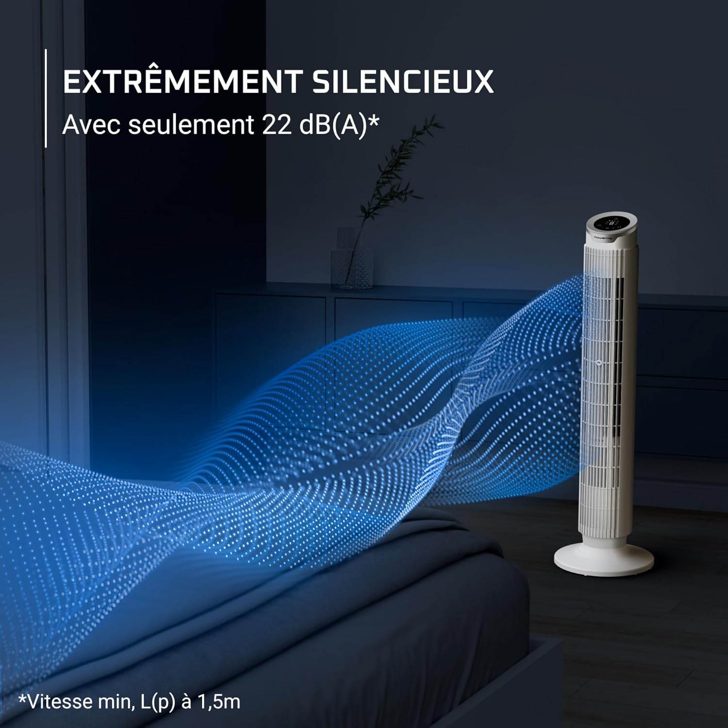 Rowenta Eole Silence Force VU7025F0 - Ventilateur colonne ultra-silencieux, moteur Effitech économe 30W, 8 vitesses, oscillation 90°, télécommande, Blanc Neige