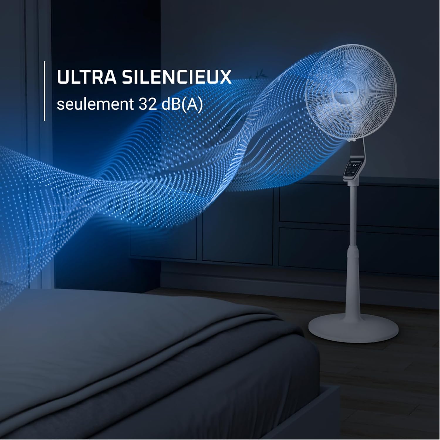Rowenta Turbo Silence Extreme VU5690F0 - Ventilateur sur pied silencieux, moteur écoénergétique Effitech, 14 vitesses, télécommande, Blanc et Métallisé