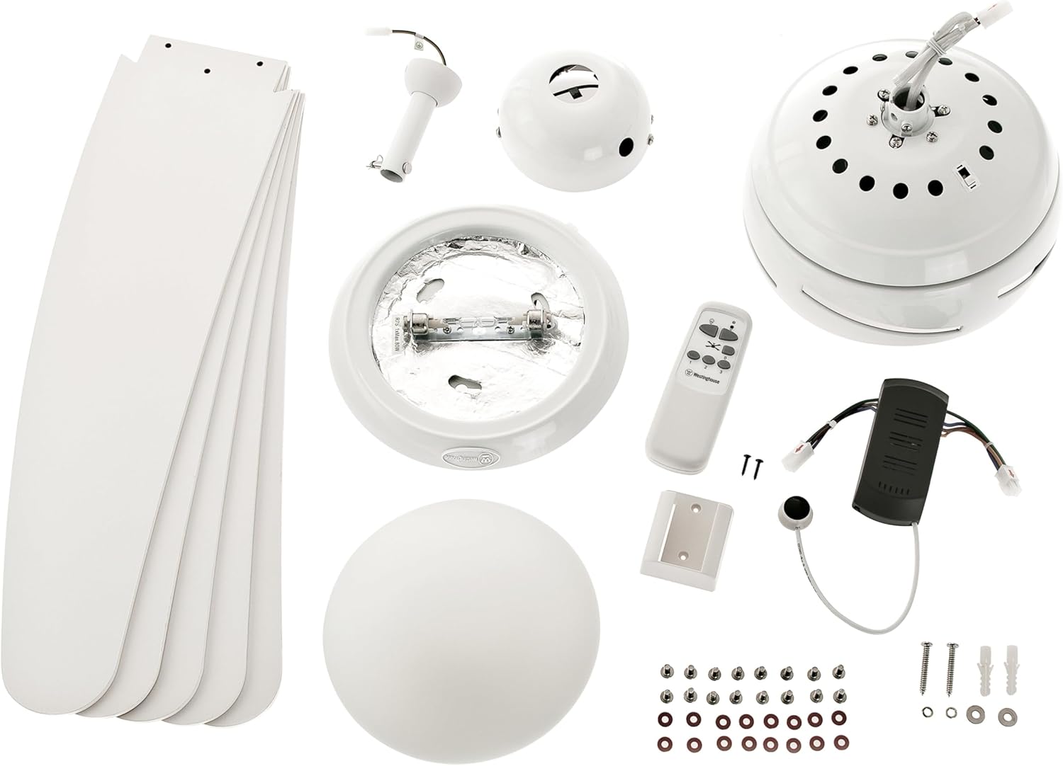 Westinghouse Bendan 7214040 - Ventilateur de plafond d'intérieur 132 cm avec luminaire verre opale dépoli, 5 pales, télécommande - Blanc