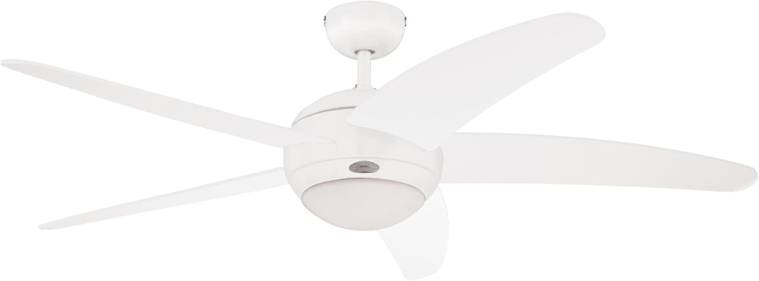 Westinghouse Bendan 7214040 - Ventilateur de plafond d'intérieur 132 cm avec luminaire verre opale dépoli, 5 pales, télécommande - Blanc