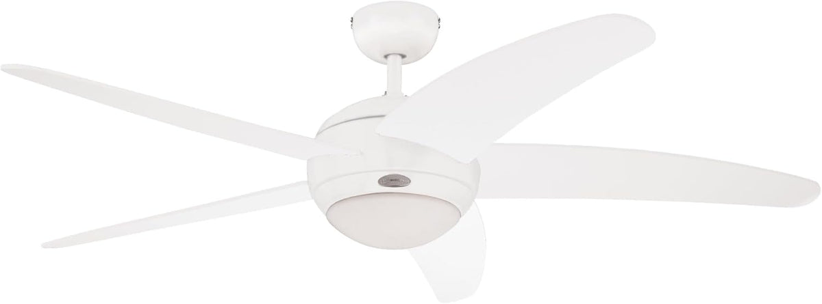 Westinghouse Bendan 7214040 - Ventilateur de plafond d'intérieur 132 cm avec luminaire verre opale dépoli, 5 pales, télécommande - Blanc